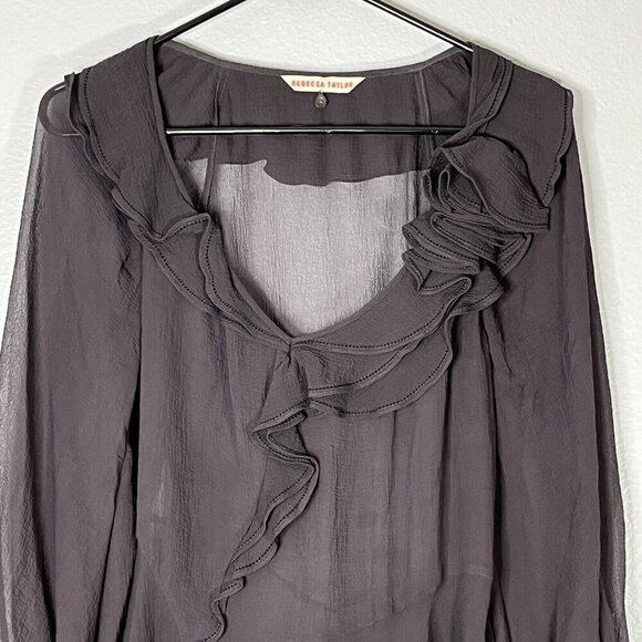 Rebecca Taylor Sheer Ruffle Neck Peplum Crepe Silk Blouse‎ 3/4 Sleeve Size 2 - Picture 2 of 8